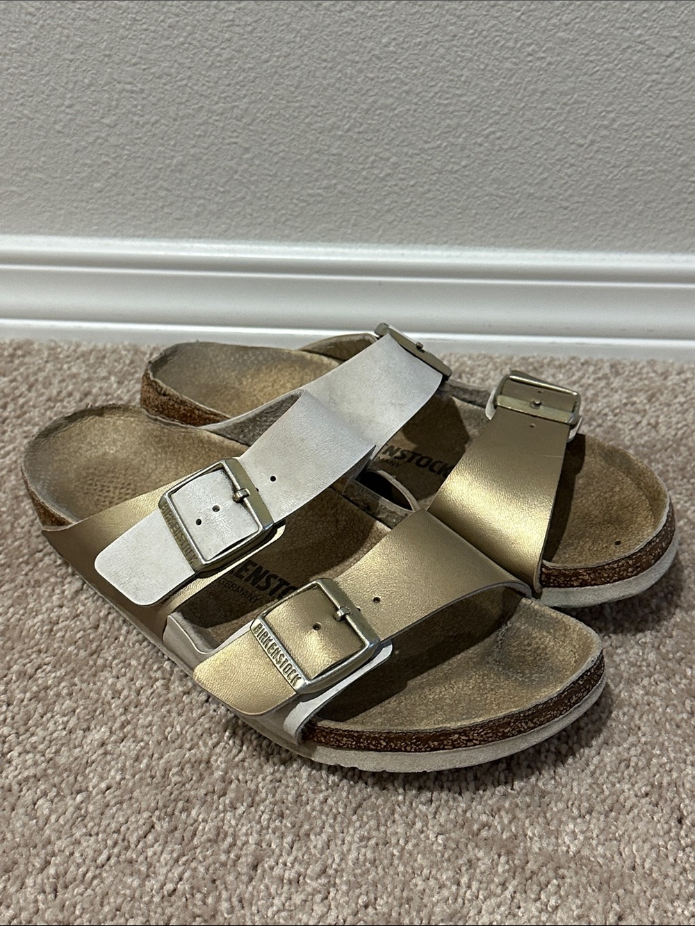 White and Gold Birkenstock Arizona Sandals